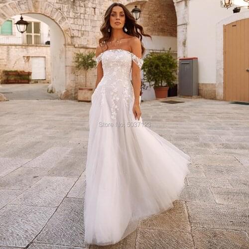 Romantic A Line Tulle Wedding Dresses Sexy Off the Shoulder Cap Sleeves Lace Appliques Bridal Gowns Vestido de Noiva Zipper Back