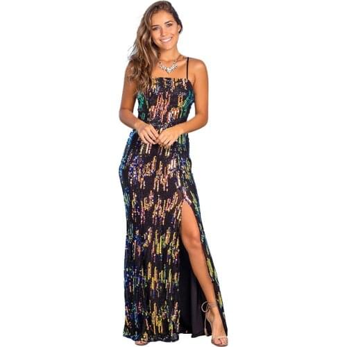 Sexy High Split Sequin Dress Women Spaghetti Strap Blackless Evening Long Dresses Banquet Gown Nightclub Party Dress Vestidos