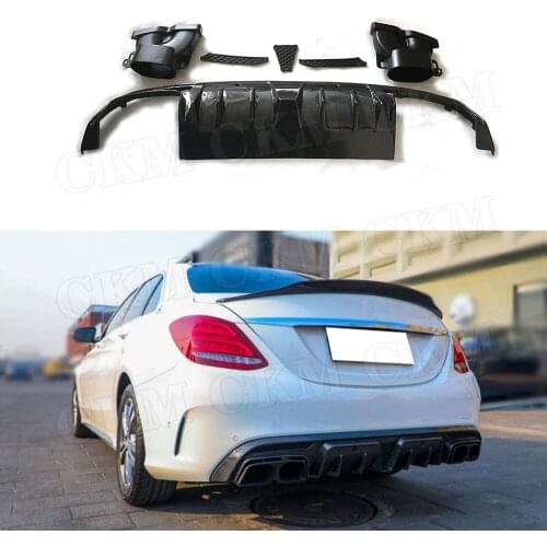 Carbon Fiber Rear Lip Diffuser Spoiler with Exhaust Tips for Mercedes Benz W205 C200 C300 C63 AMG 2015-19 Bumper Guard