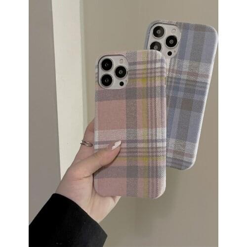 Warm Flannel Plaid Cloth Back Cover for iPhone 11 Pro Max 12 X XR XS SE2 7 8 Plus Case Pink Fabric Plush Soft TPU Case Fundas