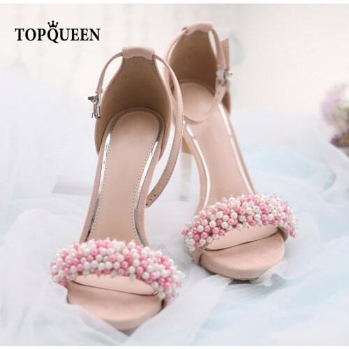 TOPQUEEN A13 Womens Sandals Pearl Delicate High Heels Thin Bridal Evening Party Dress Open Toe Buckle Wedding Shoes Pinkage