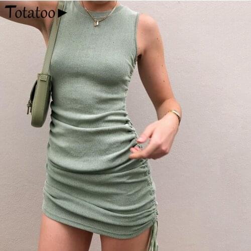 Serytee Summer Knitted Dress Women 2020 O Neck Sleeveless Drawstring Ruched Bodcyon Dress Streetwear Casual Tank Dresses