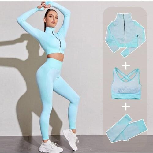 Long Sleeve Crop Top Leggings Bra Athletic Set Seamless Women Yoga Gym Sports Suits Fitness Workout Running Clothing Sportswear