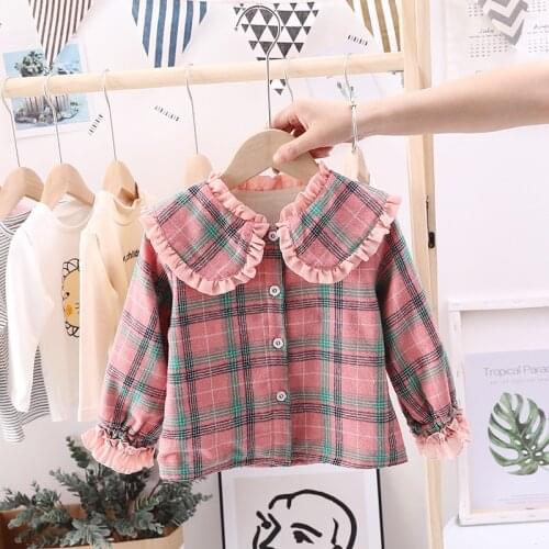 Girls thickened fleece jacket shirt 2020 children baby pink checkered doll collar shirt carded cotton shirt factory direct sales