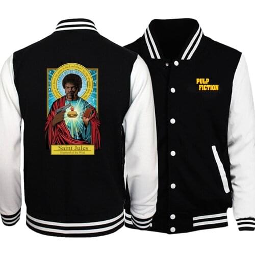 Funny Baseball Men Jacket TV Show Pulp Fiction Jackets Coat Winter Autumn Fleece Black White Loose Sportswear Vintage Streetwear