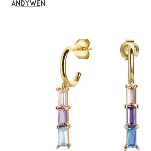 ANDYWEN 925 Sterling Silver Line Colorful Rainbow Hoops Long Circle Earring Zircon CZ Women Crystal Luxury Wedding Jewelry