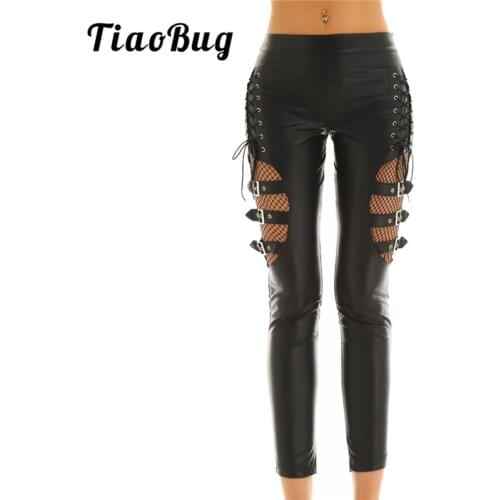 TiaoBug Women Black Faux Leather Fishnet Splice Hot Sexy Pants Slim Stretchy Trouser Punk Gothic Rave Nightclub Party Long Pants