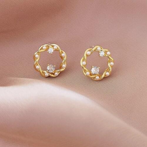 S925 Silver Ear Needle Stud Earring Fashion Minimalist Imitiaiton Pearl With Zircon Brass 14kGold Korea Jewelry for Women HYACIN