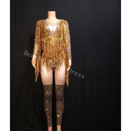 Bright Gold Rhinestones Tassel Spandex Jumpsuit Women Dance Birthday Celebrate Bar Big Stretch Jumpsuit Singer Costume Outfit