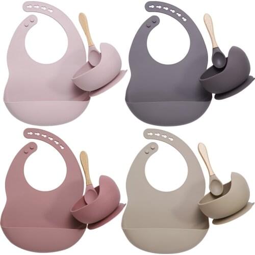 4Pcs/Set Baby Silicone Tableware Waterproof Bib Bowl Spoon Set Flexible Saliva Towel Solid Sucker Nonslip Dinnerware for Kids