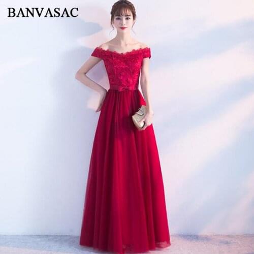 BANVASAC Boat Neck Lace Appliques A Line Long Evening Dresses Party Off The Shoulder Bow Sash Backless Prom Gowns