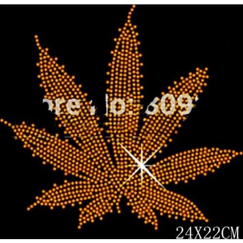 Free Shipping golden yellow leaf image Iron On hotfix rhinestones transfer blingbling transfer