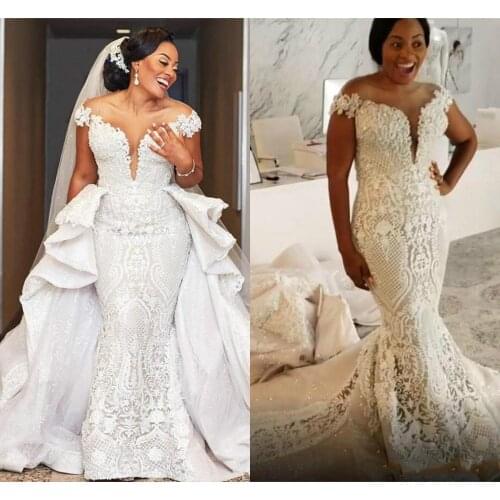 Bling African Mermaid Wedding Dresses Off Shoulder Lace Applique Crystal Sequins Detachable Train Plus Size Formal Bridal Gowns