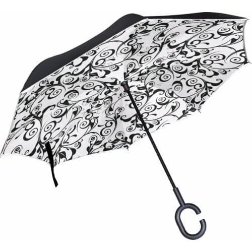 C Shape Handle Inverted Reverse Umbrella Black Mark Hand-Drawing Umbrella Windproof Self Stand Rain Protection Paraguas
