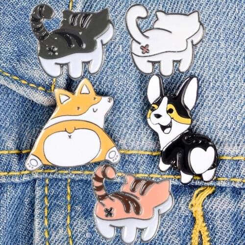 Kids Jewelry Funny Puppy Kitten Butt Enamel Pins Cartoon Corgi Dogs Cats Brooches Bag Clothes Lapel Pin Custom Badges Gift