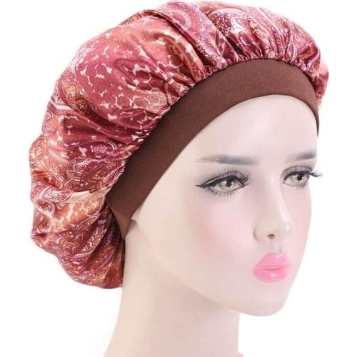 Womens Amoeba Night Sleep Cap Satin Elastic Wide-Brimmed Chemotherapy Hair Care Hat Fashion Bonnet Beanie Polyester Printing