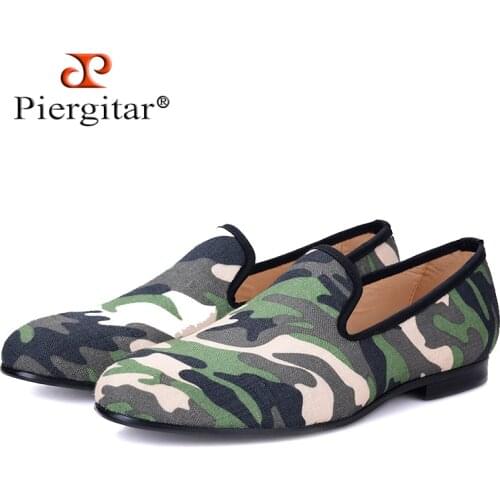 Piergitar British design classic-traditional loafers and military motif Camo print with leather insole men canvas casual shoes