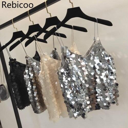 Fashion Women Sequined Tank Top New Summer Sexy V Neck Strap Club wear Girls Sequin Sleeveless Short Camisole Vest Tops