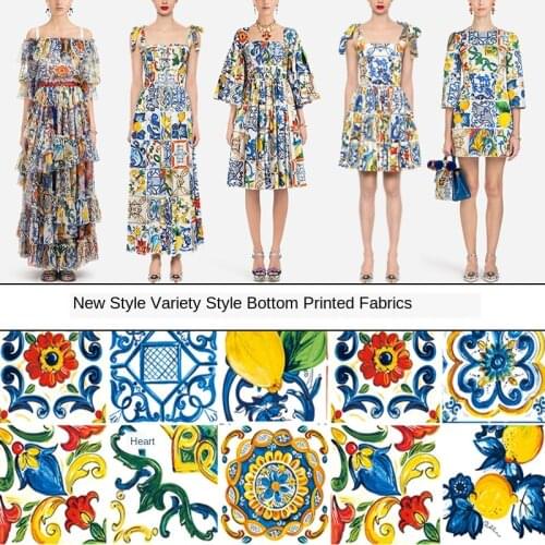 New blue and white porcelain lemon pattern handmade DIY various styles of base cloth digital printing fashion materials