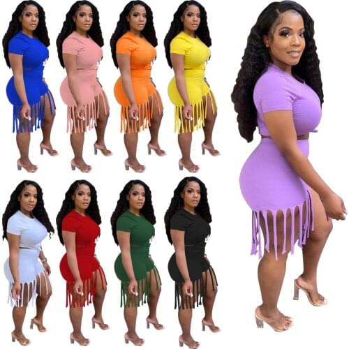 New Women Set Solid Short Sleeve Tops Stretchy Tassel Shorts Two 2 Piece Sets Active Tracksuit Sweatsuit Summer Outfits 2021