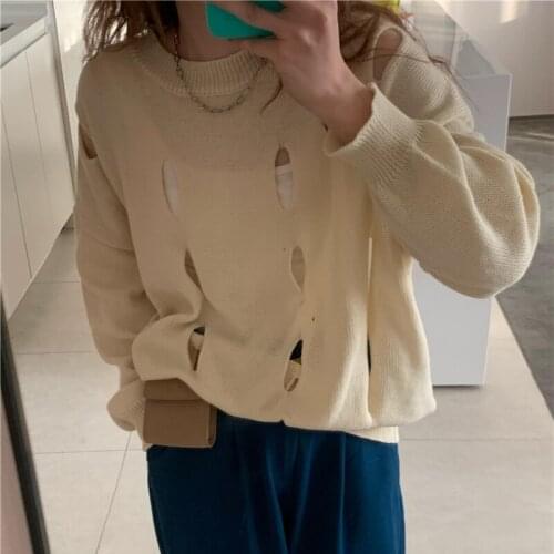 HziriP O-Neck Solid Hollow Out Sweater Full Sleeved Knitting Hole Top 2021 Autumn Korean All-Match Fashion Casual Loose Elegant