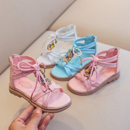 Girls Sandals 2021 New Summer Children Roman Shoes Beaded Princess Shoes Soft Sole Non-slip Student Shoes Kids Baby Beach Shoes