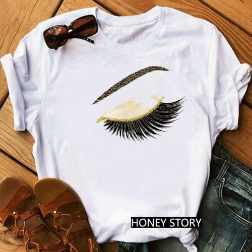 Sexy Red Lips Lipsticks Eyebrows Eye shadow Print Women Summer T shirt Graphic Tees shirt Woman Short Sleeve Clothes