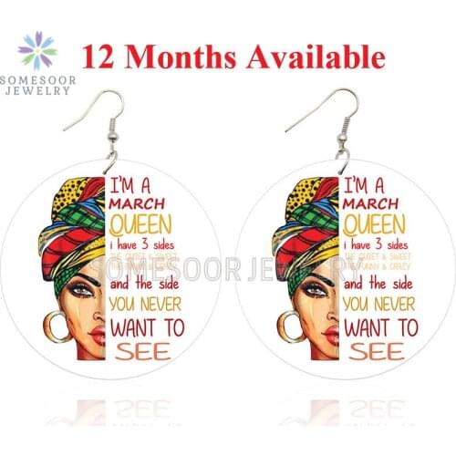 SOMESOOR Printed 12 Months Black Queen In 3 Sides African Wooden Drop Earrings Afro Headwrap Pattern Locs Loops For Women Gifts