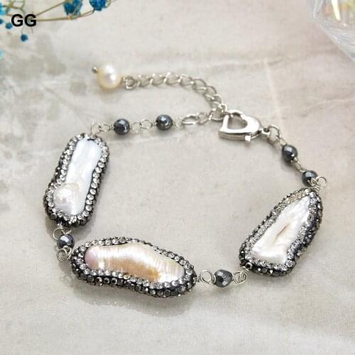 GuaiGuai Jewelry 8'' White Tube Biwa Pearl Hematite Bracelet