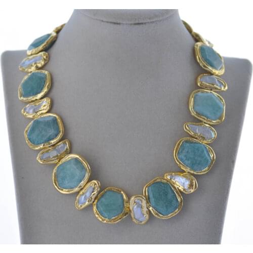 Z11084 19" 30mm Square Amazonite White Biwa Pearl Gold plated Choker Necklace