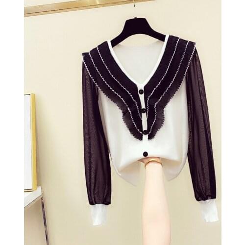 Chiffon Panel V-neck Knitted Blouse Womens 2020 Spring and Summer New Korean Version Pleated Ruffle Top Long-Sleeve Blouses Top