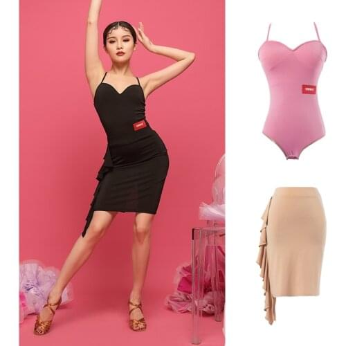 Latin Dance Dress for Women V-Neck Bodysuit Slit Lotus Leaf Streamer Skirt Girls Ballroom Tango Cha Cha Rumba Costumes XS2012