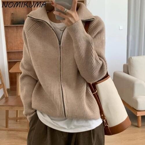 Nomikuma 2021 Winter Thicken Turtleneck Causal Knitwear Coat Causal Long Sleeve Zipper Sweater New Korean Knit Cardigan 6K885