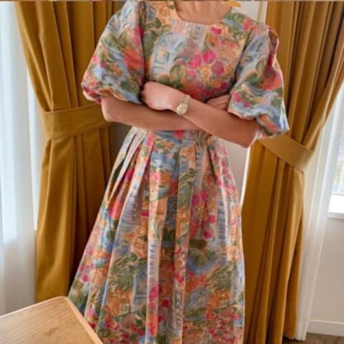 2021 new printed pleated retro dress women