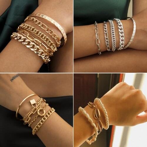 5 Pcs/Set Punk Gold Thick Chain Bracelet Female Bohemian Geometric Buckle Bracelets Set Jewelry Party Gift