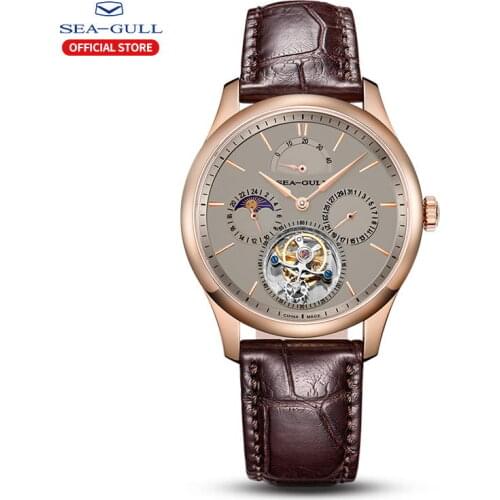 Seagull Mens Watch Multifunctional Crocodile Belt Tourbillon Mechanical Mens Watch Luxury Moon Phase Watch 518.937