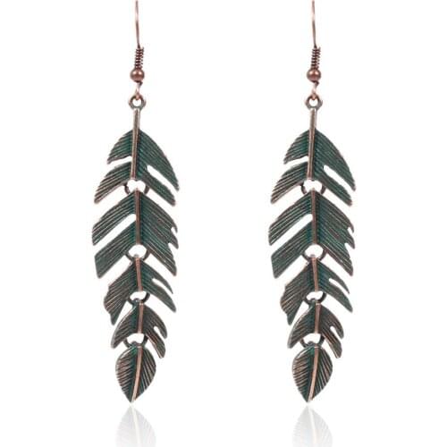 HC Vintage Metal Leaf Long Dangle Earrings Retro Gold Brass Color Women Antique Jewelry Drop Earrings Bohemian Tribal Earrings F