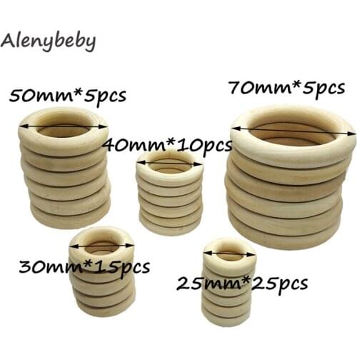 60pcs Natural Wood Rings Circle Teether for DIY Baby Teething Necklace Craft, Ring Pendant and Connectors Jewelry Making, 5 Size