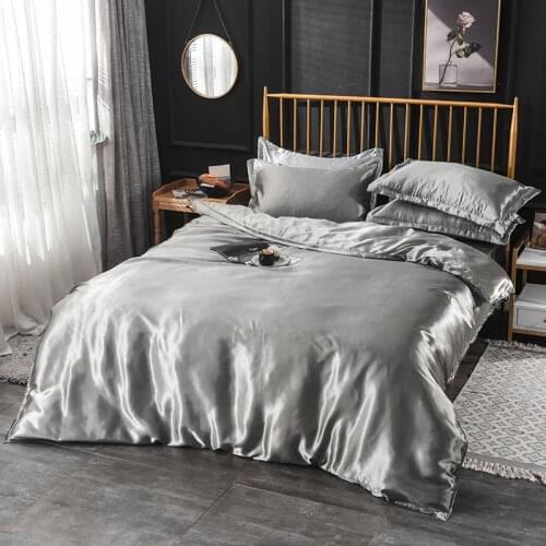 Silver Gray Satin Ice Silk Bedding Set Luxury Duvet Cover Sets Sheet Pillowcase Twin Queen King Bedclothes Solid Color Bed Set