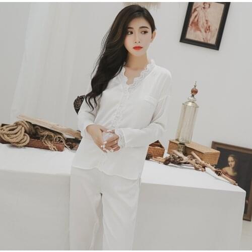 Korea elegance princess ice silk sleepwear women pajamas sets autumn simple white natural long sleeve pijamas women pyjamas sets