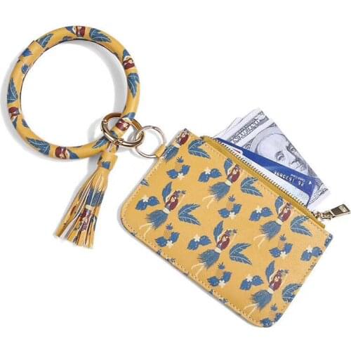 Purse Coconut Palm Leaf Sunflower Pattern Layered Card Bag Leather Wristlet Tassel Keychain