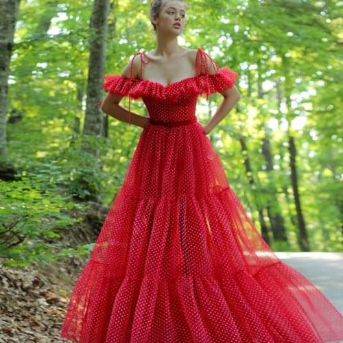 Red Dotted Tulle Prom Dress Off Shoulder Bustier Corset Evening Dress With Sash Robe De Soiree 2021