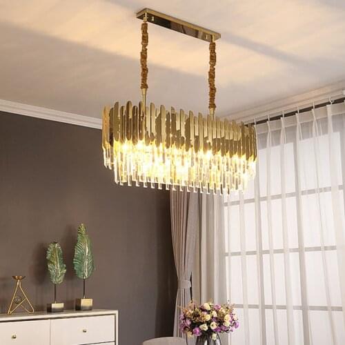 Dining room lamp long crystal chandelier modern minimalist metal chandelier fashion light luxury style crystal lamp