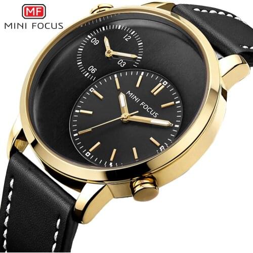 MINI FOCUS Fashion Simple Men Quartz Watches 2 Time Zone Gold Black Top Brand Luxury Watches Casual Waterproof Sports Clock