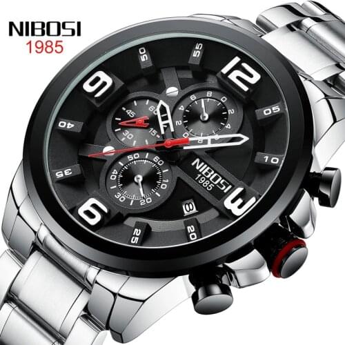 NIBOSI New Fashion Mens Watches Top Luxury Brand Silver Stainless Steel Waterproof Quartz Watch Men Army Military Chronograph