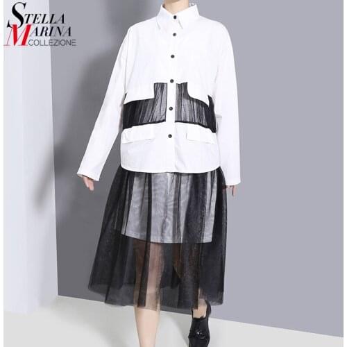 New Woman Long Sleeve Black And White Mesh Patchwork Plus Size Shirt Dress Midi Straight Unique Casual Robe Femme Style 8502