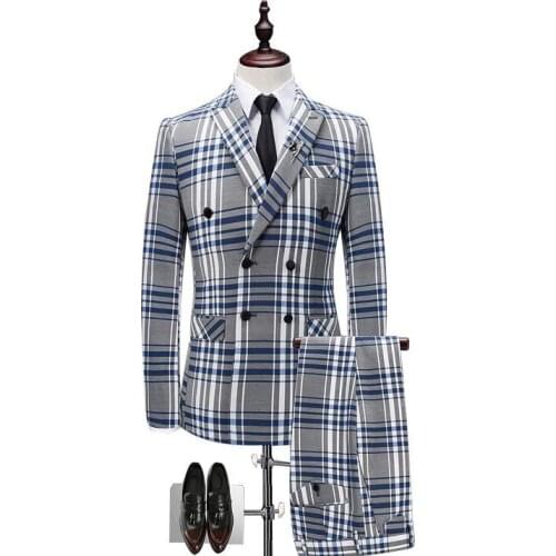 2020 Slim Fit Mans Suits For Wedding Plaid Double-breasted 2 Piece Suit Men Fashion Business Mens Suit Dinner Suit(Jacket+Pants)