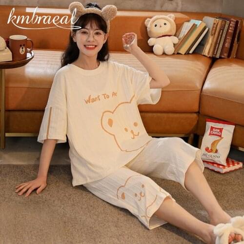 Pajamas for Women Sleepwear Cartoon Cotton Half Sleeved Calf Length Pants Summer Loungewear Fashion Home Clothing Homewear 2xl