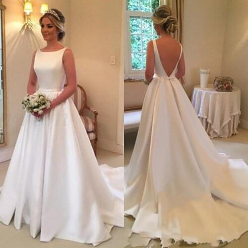 High Quality Scoop Neck A-line Satin Wedding Dresses Backless Chapel Train Bridal Wedding Gowns robe de mariee