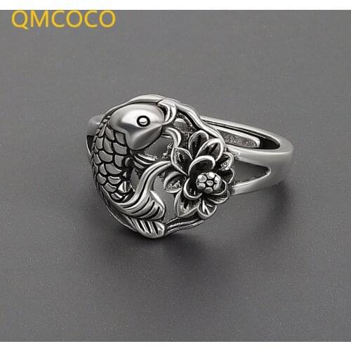Lotus Fish Ring Female INS Style Vintage Open Adjustable Carp Ring Made Old Geometry 925 Silver Fine Jewelry Gift